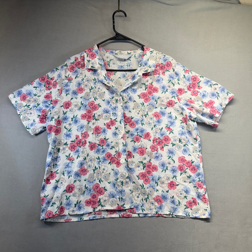 Vintage Floral Button Up Shirt Women XL White Pink Blue Short Sleeve Blouse